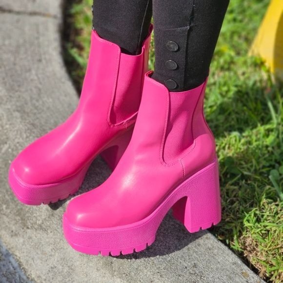 Women's Platform Heel Boots Chunky Ankle Pink Color - Picture 5 of 7